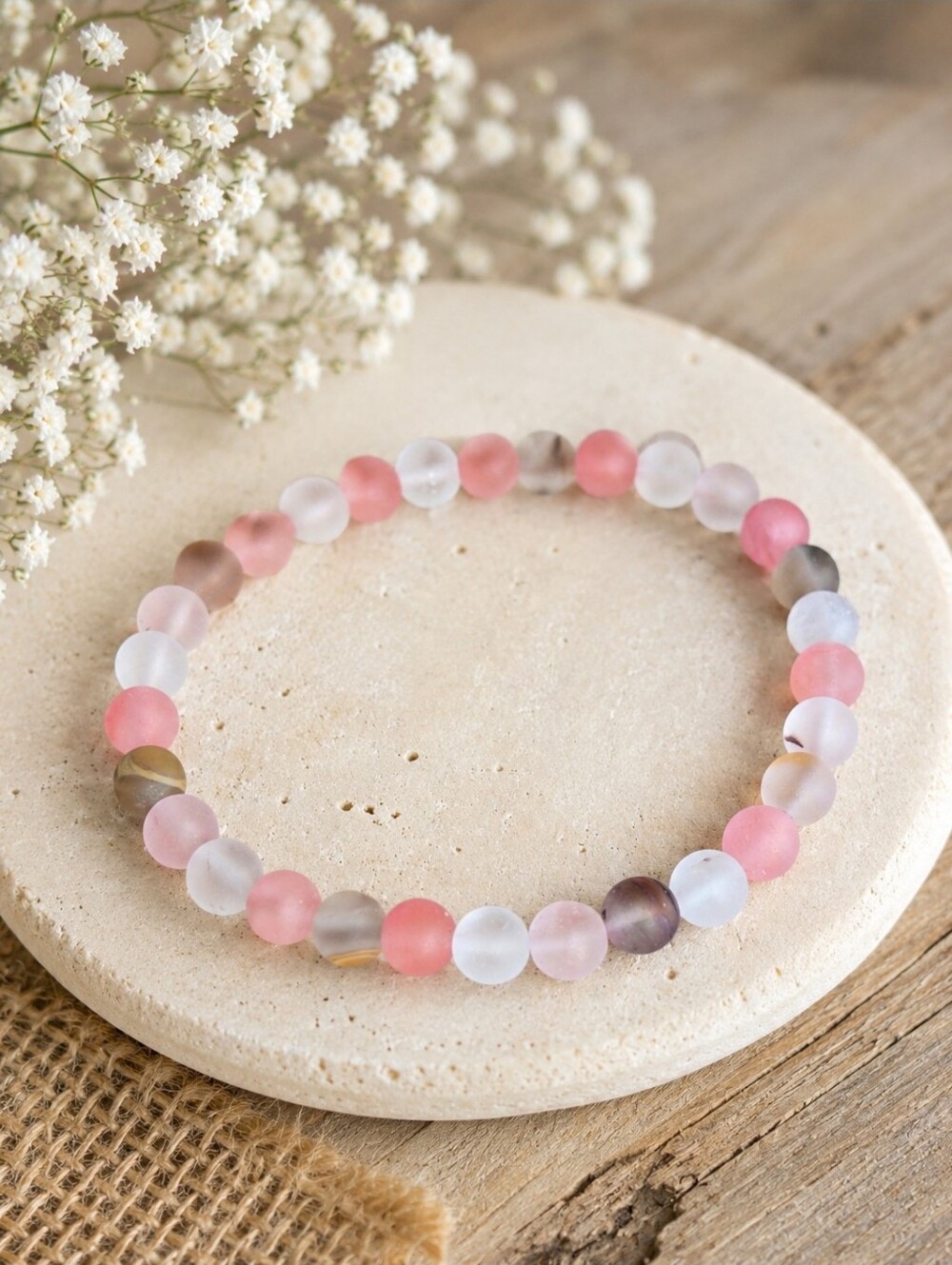 Matte Pink & White  Cherry Quartz Beads Stretch Bracelet - Hand Crafted